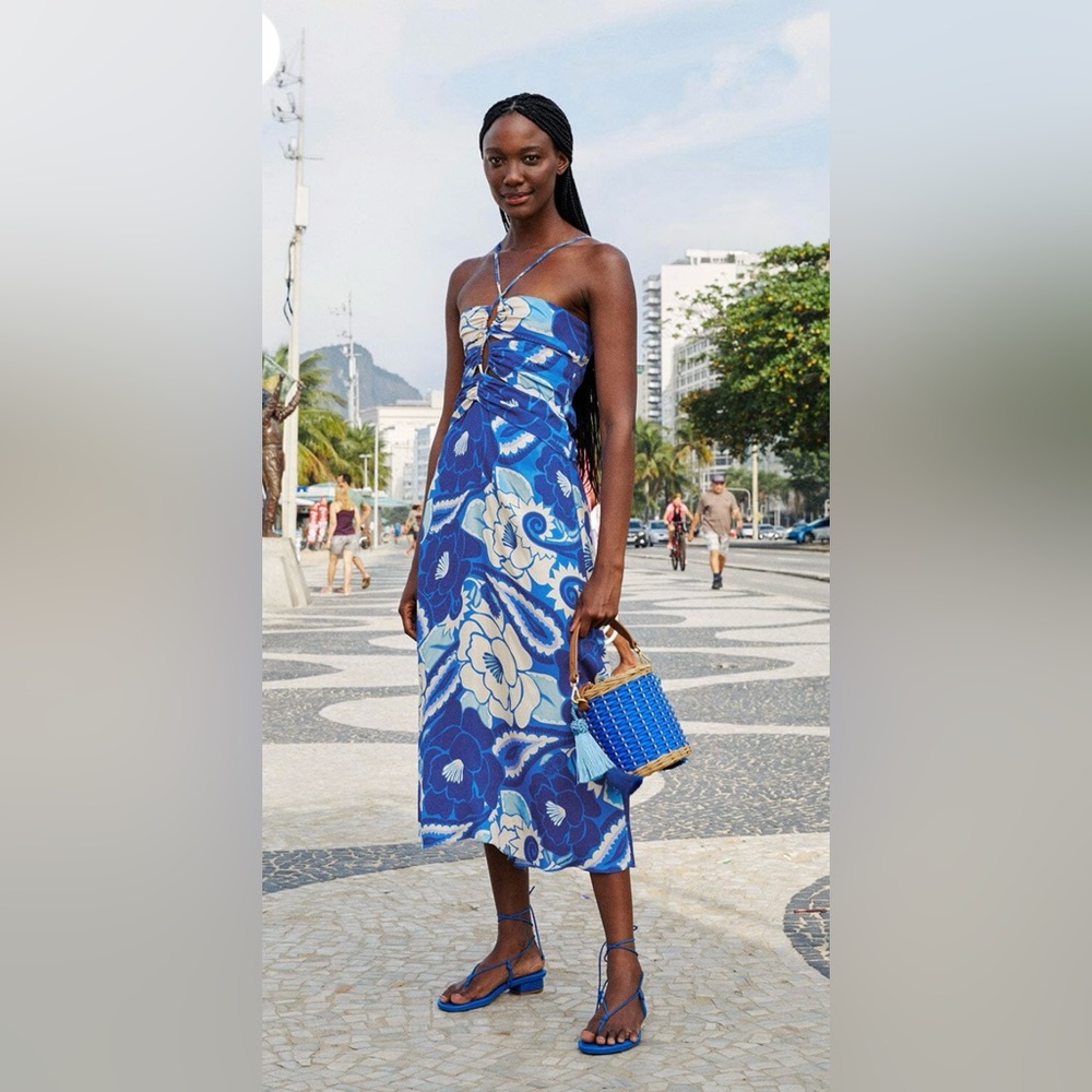Farm Rio Blue Tropical Groove Midi Dress NWT size XS